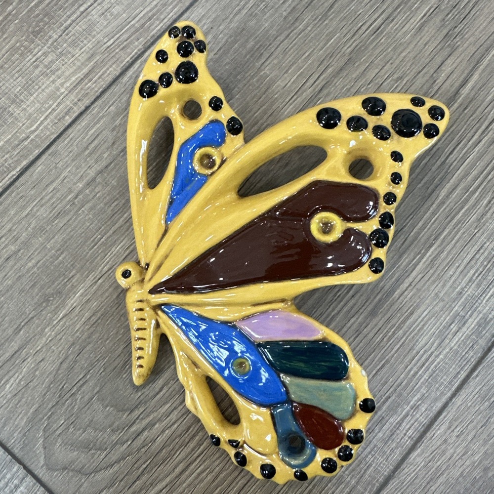 Vtg 1974 Ceramic Butterfly Wall Hanging Plaque Yellow Retro 70s Art Signed